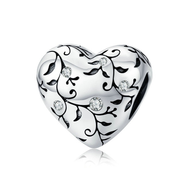 bamoer European Patterns Heart Beads Charm Silver 925 Original Pastoral Style Retro Flower Charms Jewelry DIY 2019 New SCC1323