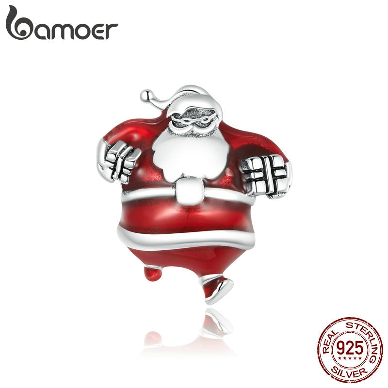 bamoer 925 Sterling Silver Merry Christmas Santa Claus Beads for Original Bracelet Charms Fine Jewelry Accessories SCC1664