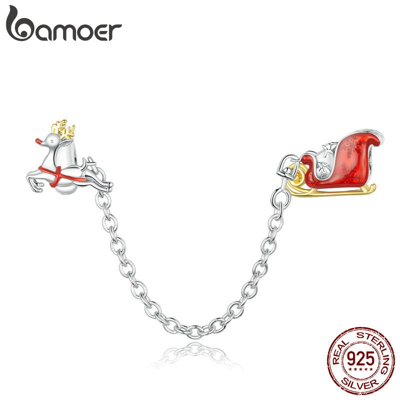 bamoer 925 Sterling Silver Christmas Gift Car Safety Chain Charm Original Silver Bracelet Charms with Silicone Stopper SCC1667