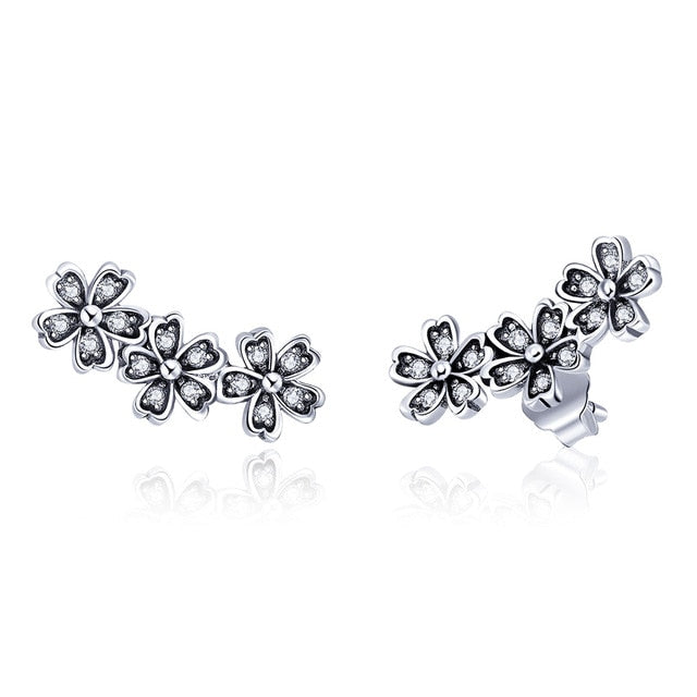 BAMOER 925 Sterling Silver Daisy Flower Clear CZ Stud Earrings for Women Sterling Silver Jewelry Valentine's Day Gift SCE419