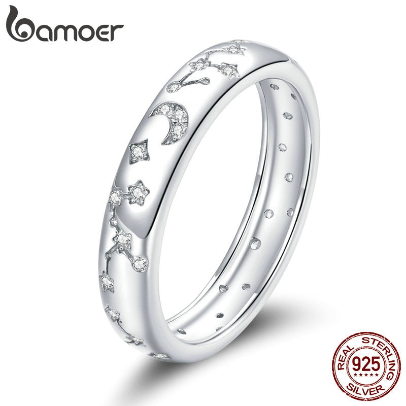 bamoer S925 Sterling Silver Clear platinum CZ Shining Stars Finger Rings for Women Engagement Wedding Statement Jewelry BSR148