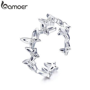 BAMOER Fashion 925 Sterling Silver Stackable Dancing Butterfly Open Size Finger Rings for Women Luxury Silver Jewelry BSR027