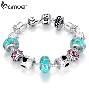 bamoer Hot Sell  Silver Plated Charm Bracelet Bangle for Women with Murano Beads Fashion Love DIY Jewelry PA1019