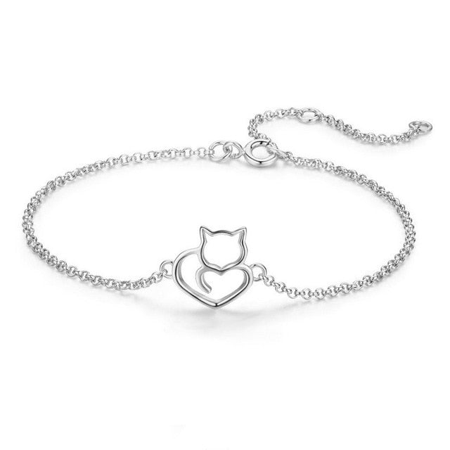 BAMOER 100% 925 Sterling Silver Cat And Heart Link Chain Bracelets & Bangles for Women Authentic Silver Jewelry Gift SCB102