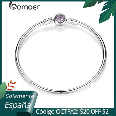 BAMOER Authentic 100% 925 Sterling Silver Snake Chain Heart Bangle & Bracelet Luxury Jewelry PAS904