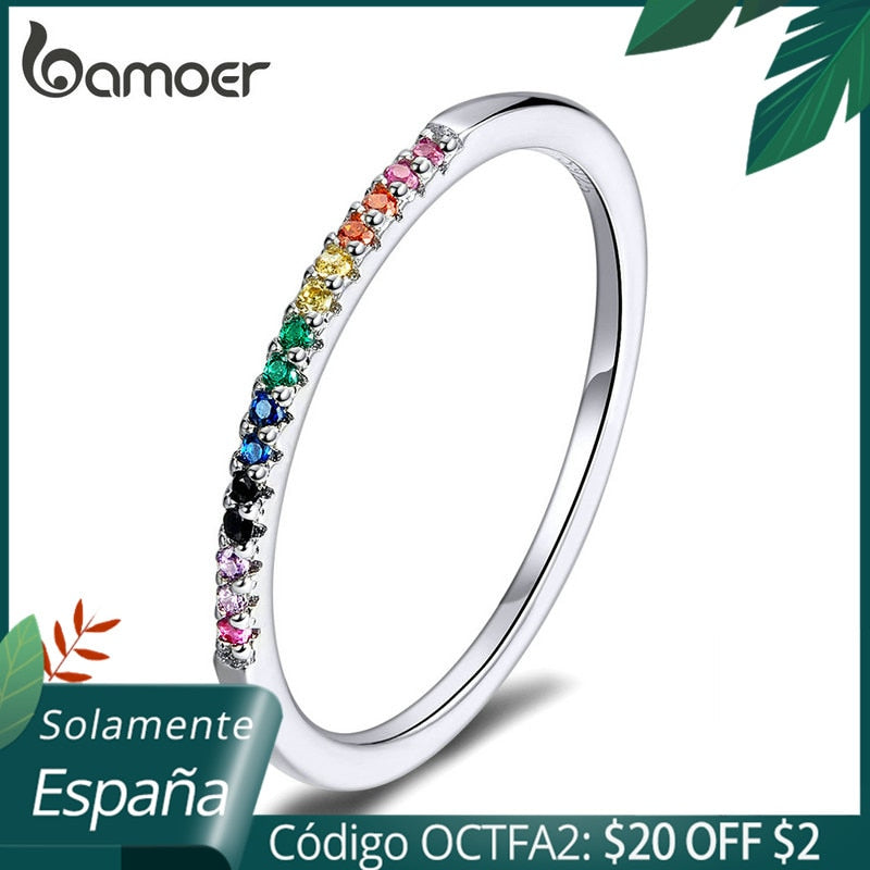 bamoer Rainbow Color CZ Finger Rings for Women Stackable Wedding Statement Authentic  Sterling Silver 925 Jewelry SCR583