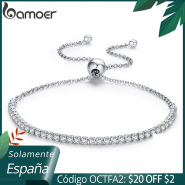 BAMOER 925 Sterling Silver Sparkling Strand Bracelet Women Link Tennis Bracelet Silver Jewelry 3 Colors SCB029