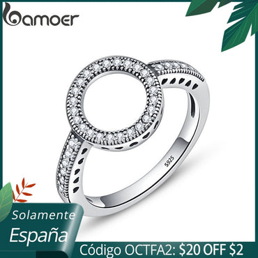 BAMOER 100% Genuine 925 Sterling Silver Forever Clear Black CZ Circle Round Finger Rings for Women Jewelry Christmas Gift SCR041