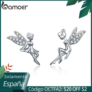 BAMOER Romantic Genuine 925 Sterling Silver Cute Fairy Elevs Exquisite Stud Earrings for Women Luxury Jewelry Making BSE046