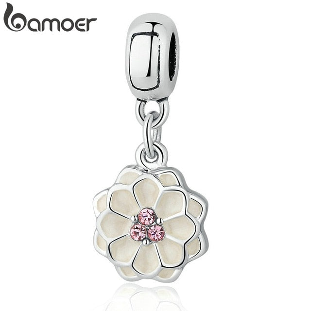 BAMOER Silver Color White BLOOMING DAHLIA PENDANT CHARM Fit Bracelets Necklaces Women Beads & Jewelry Making PA5329
