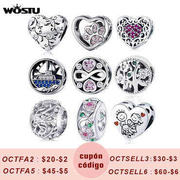 WOSTU Real 925 Sterling Silver Heart Beads Flower Retro Patterns Charms Pendant Fit Original Bracelet Silver 925 Jewelry CQC1323