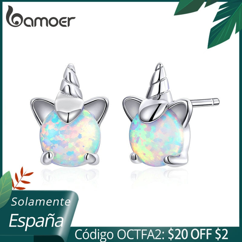 bamoer Genuine 925 Sterling Silver White Opal Licorne Animal Stud Earrings for Women Hypoallergenic  Earings for Kids SCE737