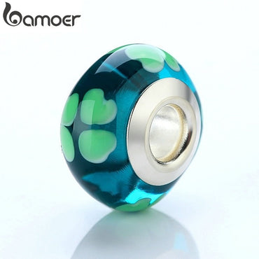 BAMOER Wholesale DIY European Green Heart Glass Beads Fit Beads Bangles & Bracelets Silver Color Jewelry Findings PA6346