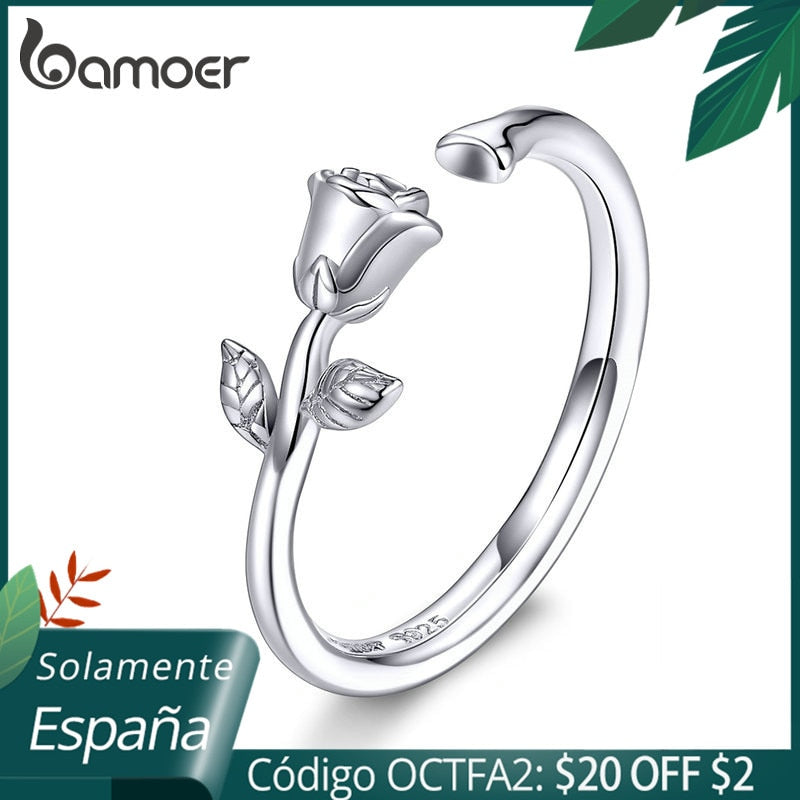 bamoer Thorns and Rose Open Adjustable Finger Rings for Women 3D Flower Ring Band 925 Sterling Silver Jewelry Korean BSR065
