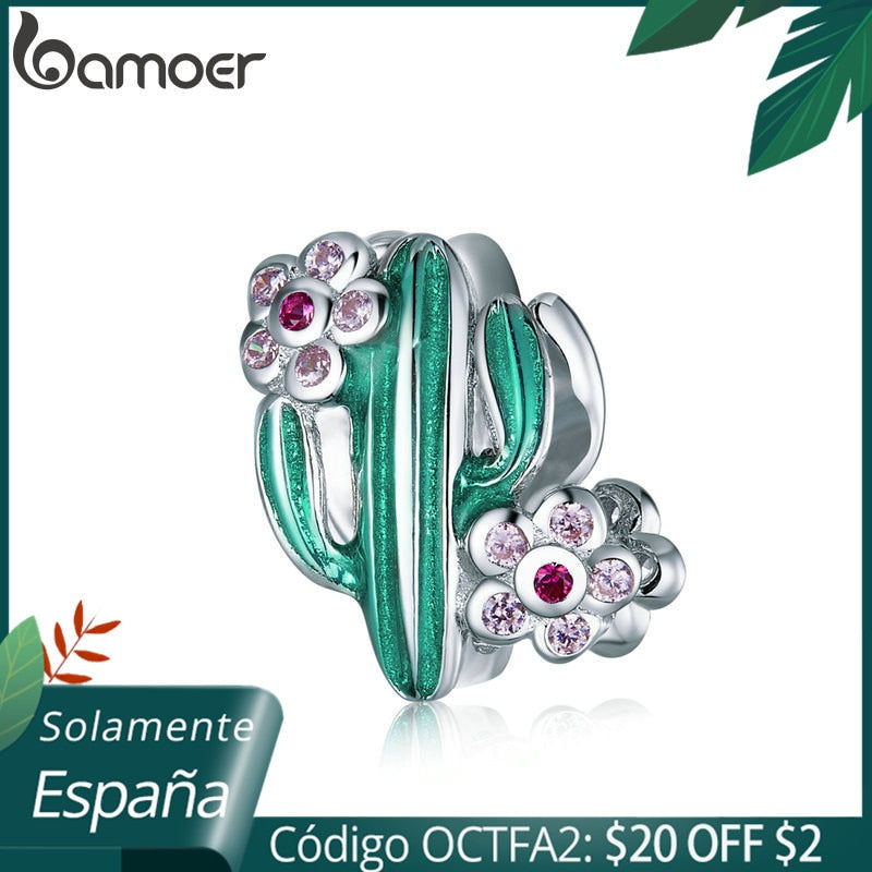 bamoer 2020 New Design 925 Sterling Silver Green Enamel Cactus with Floral Beads Charm for Original Silver Bracelet BSC261