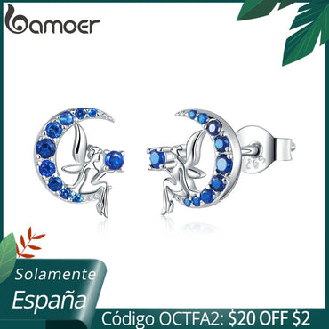 bamoer Authentic 925 Sterling Silver Fairy on the Blue Moon Stud Earrings for Women Cute Anti-allergy Silver Jewelry BSE376