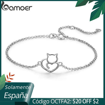 BAMOER 100% 925 Sterling Silver Cat And Heart Link Chain Bracelets & Bangles for Women Authentic Silver Jewelry Gift SCB102