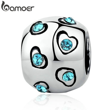 BAMOER Silver Color Blue Crystal Heart Beads Exquisite Bead Charms Fit Bangles & Bracelets Original Jewelry Accessories PA5320