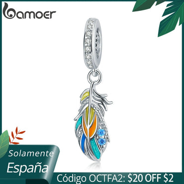 bamoer Silver Colorful Feather Pendant Charm fit Original Bracelet for Women 925 Sterling Silver Jewelry Making BSC304