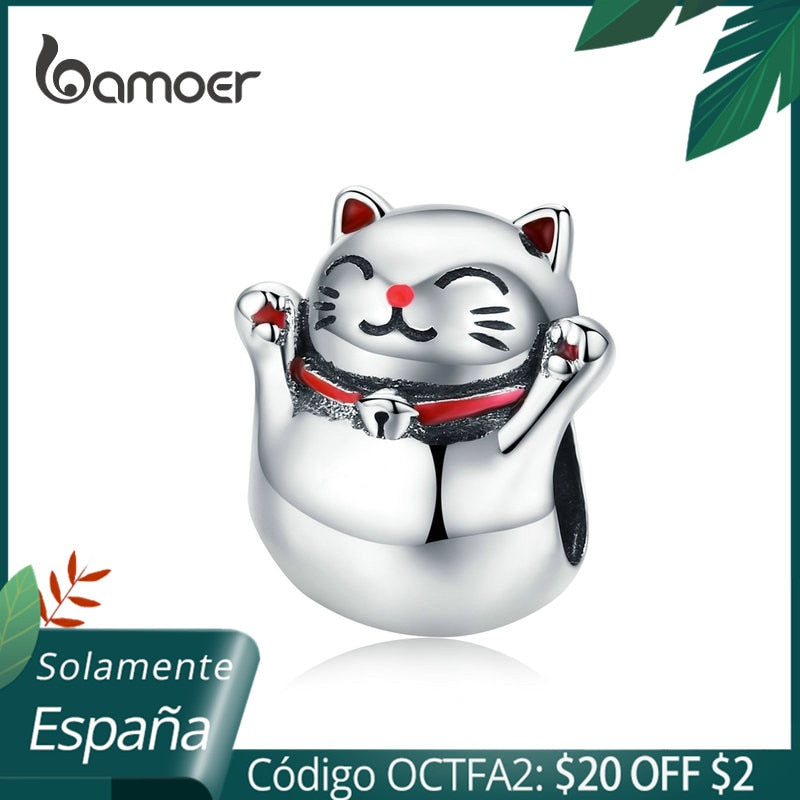 BAMOER 925 Silver Cat Metal Charm Lucky Guardian Maneki Neko Metal Beads for Women Charm Bracelets Bangles DIY Jewelry SCC1178