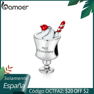 bamoer 925 Sterling Silver Afternoon Tea Series Enamel Hot Chocolate Charm for Origianl Bracelet Bead for Jewelry Making SCC1495