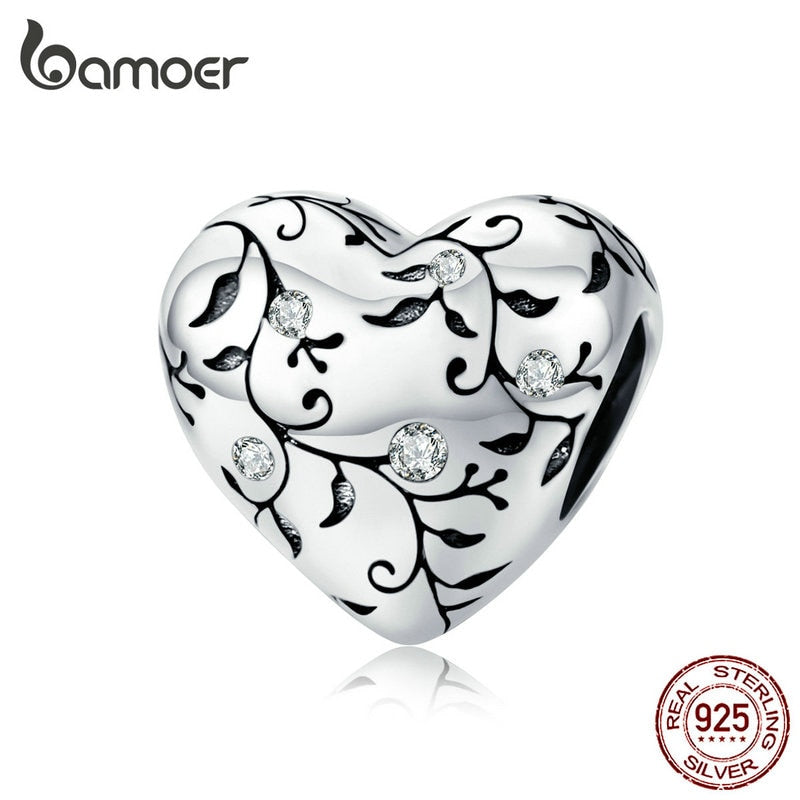 bamoer European Patterns Heart Beads Charm Silver 925 Original Pastoral Style Retro Flower Charms Jewelry DIY 2019 New SCC1323