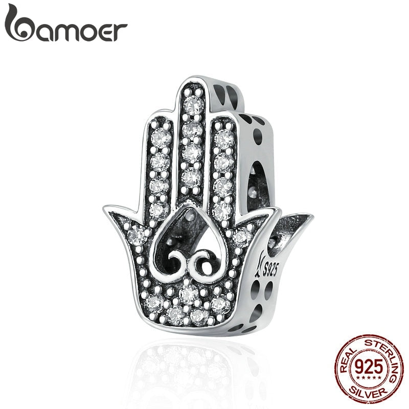 BAMOER Authentic 925 Sterling Silver Good Luck Hand Of Fatima Charms fit Women Bracelets & Necklaces DIY Silver jewelry SCC225