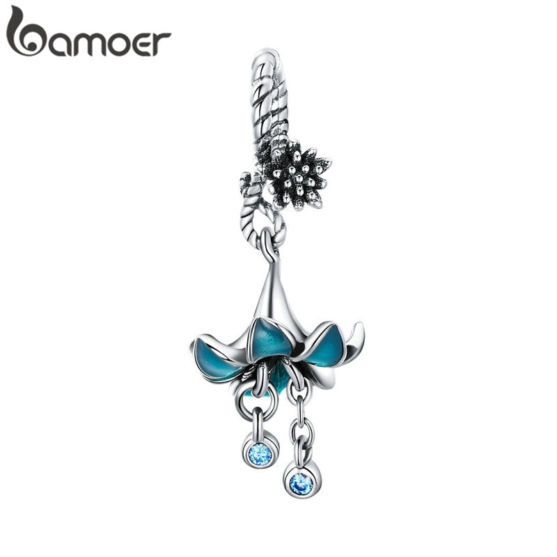 BAMOER Authentic 925 Sterling Silver Blue Enamel Flower Pendant Charms fit Silver Bracelets & Bangles 925 Silver Jewelry BSC034