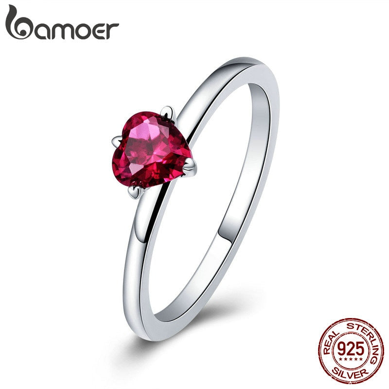 BAMOER 925 Sterling Silver Red Heart Pave Crystal CZ Finger Rings for Women Fashion Wedding Valentine's Day GIFT Jewelry SCR389