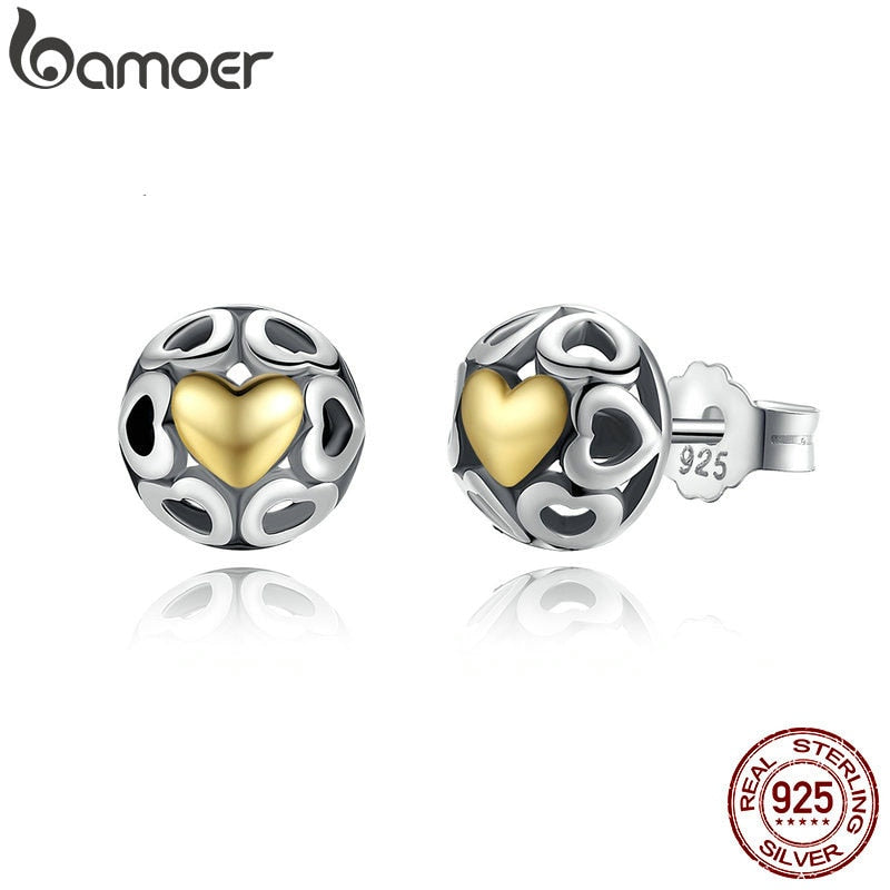 BAMOER Brincos 925 Sterling Silver My One True Love Stud Earrings for Women Openwork Heart Earrings Fine Jewelry PAS443