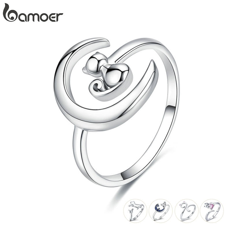 BAMOER Authentic 925 Sterling Silver Moon Cat Open Size Adjustable Finger Rings for Women Wedding Engagement Jewelry SCR451