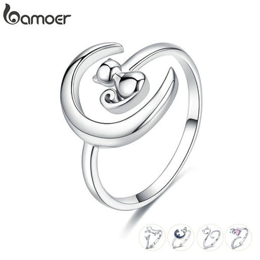 BAMOER Authentic 925 Sterling Silver Moon Cat Open Size Adjustable Finger Rings for Women Wedding Engagement Jewelry SCR451