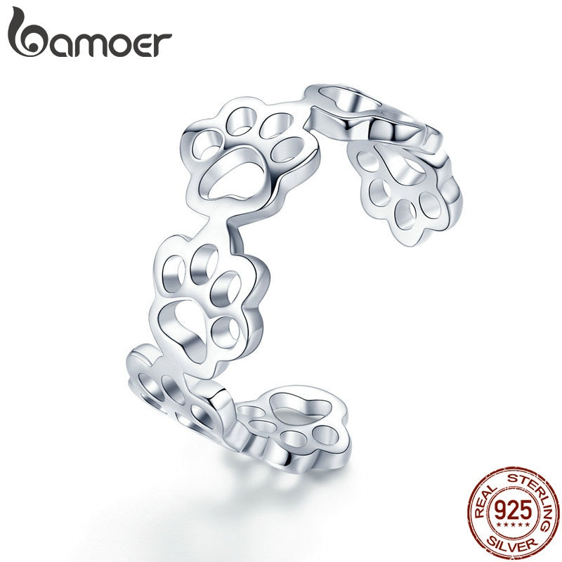 BAMOER Hot Sale 925 Sterling Silver Adjustable Cat And Dog Footprints Paw Trail Rings for Women Party Silver Jewelry SCR424