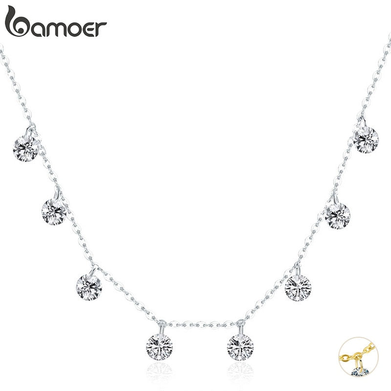 BAMOER Real 925 Sterling Silver Dazzling Cubic Zircon Round Circle CZ Pendant Necklaces for Women Sterling Silver Jewelry SCN299