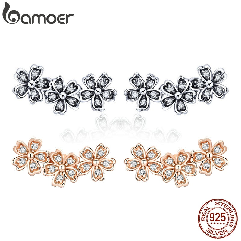 BAMOER 925 Sterling Silver Daisy Flower Clear CZ Stud Earrings for Women Sterling Silver Jewelry Valentine's Day Gift SCE419