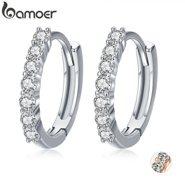 BAMOER 100% 925 Sterling Silver Dazzling CZ Crystal Circle Round Hoop Earrings for Women Sterling Silver Jewelry SCE351-1H