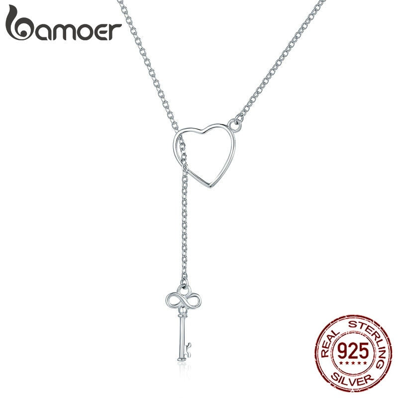 BAMOER 925 Sterling Silver Sweet Key of Heart Lock Link Chain Necklaces & Pendants Women Luxury Sterling Silver Jewelry SCN107