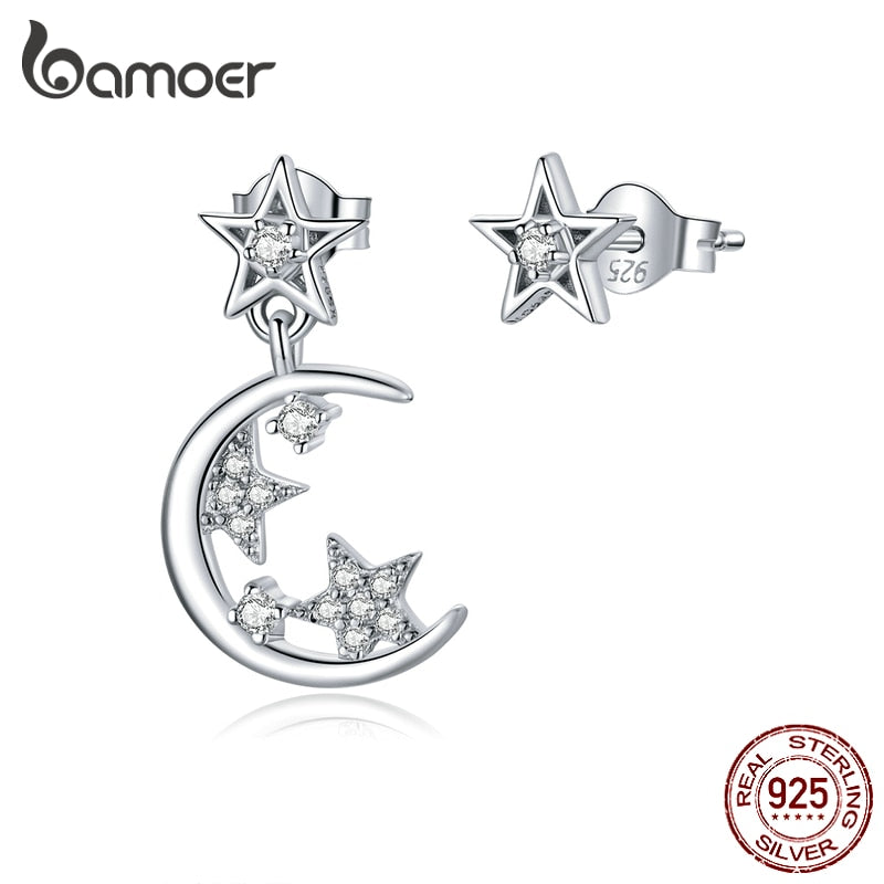 bamoer Silver 925 Stars and Moon Asymmetry Stud Earrings for Women Wedding Luxury Jewelry CZ 925 Sterling Silver Jewelry SCE813