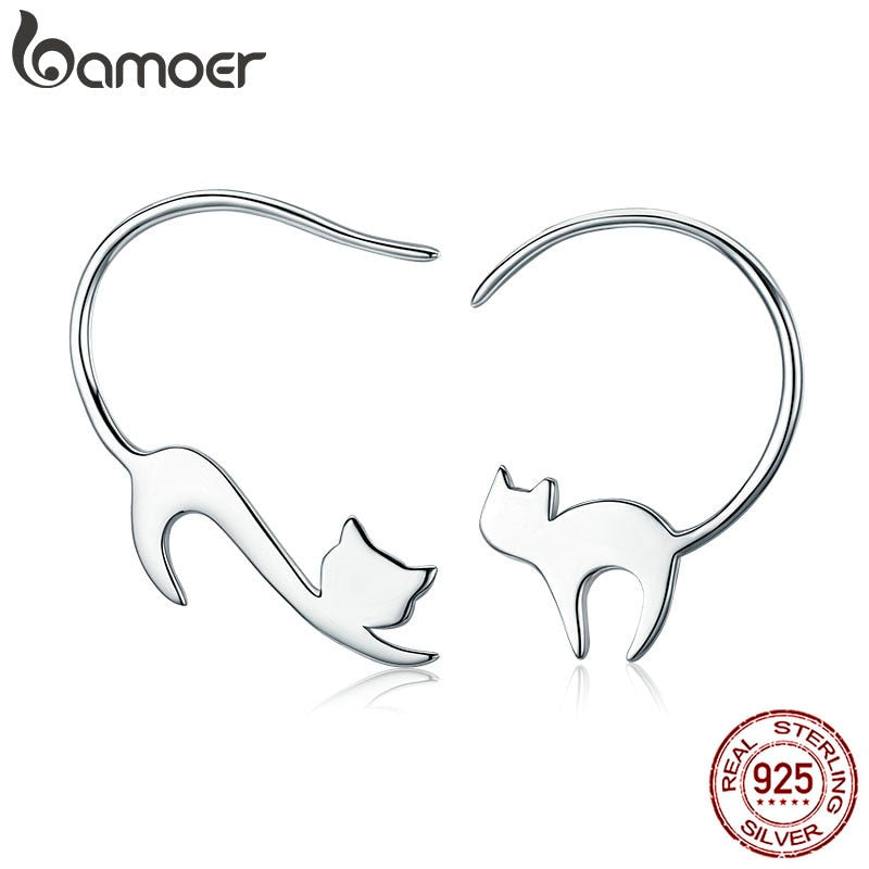 BAMOER Animal Collection 925 Sterling Silver Cute Napping Little Cat Drop Earrings for Women Sterling Silver Jewelry Gift SCE073