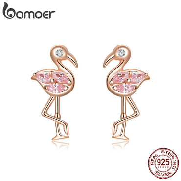 bamoer Summer Flamingos Stud Earrings for Women Pink Cubic Zirconia Ear Studs Romantic Female Silver 925 Jewelry Gifts BSE120