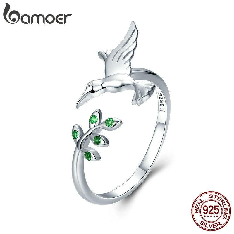 BAMOER Authentic 925 Sterling Silver Bird & Spring Tree Leaves Open Size Finger Rings for Women Sterling Silver Jewelry SCR323