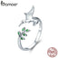 BAMOER Authentic 925 Sterling Silver Bird & Spring Tree Leaves Open Size Finger Rings for Women Sterling Silver Jewelry SCR323