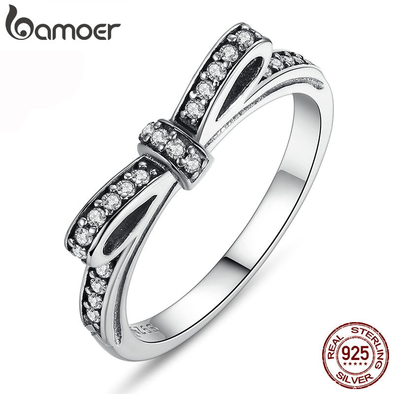 BAMOER HOT 925 Sterling Silver Sparkling Bow Knot Stackable Ring Micro Pave CZ for Women Valentine's Day Gift Jewelry PA7104