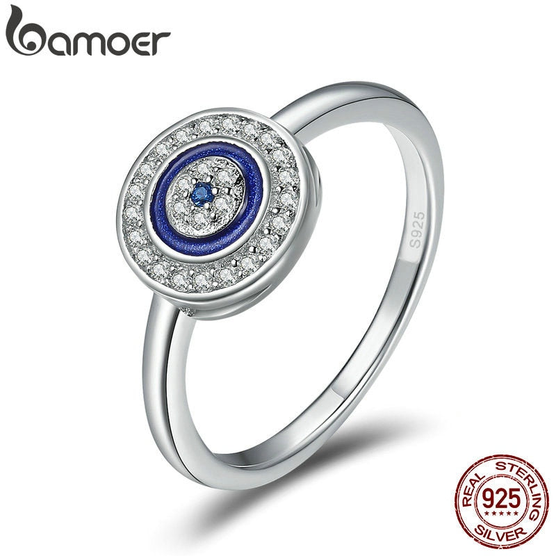 BAMOER Authentic 100% 925 Sterling Silver Lucky Blue Eyes Women Finger Ring Wedding & Engagement Jewelry Ring SCR208