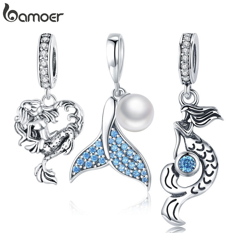 BAMOER Genuine 925 Sterling Silver The Mermaid's Tail Freshwater Pearl Pendant Charm fit Charm Bracelet DIY Jewelry SCC877
