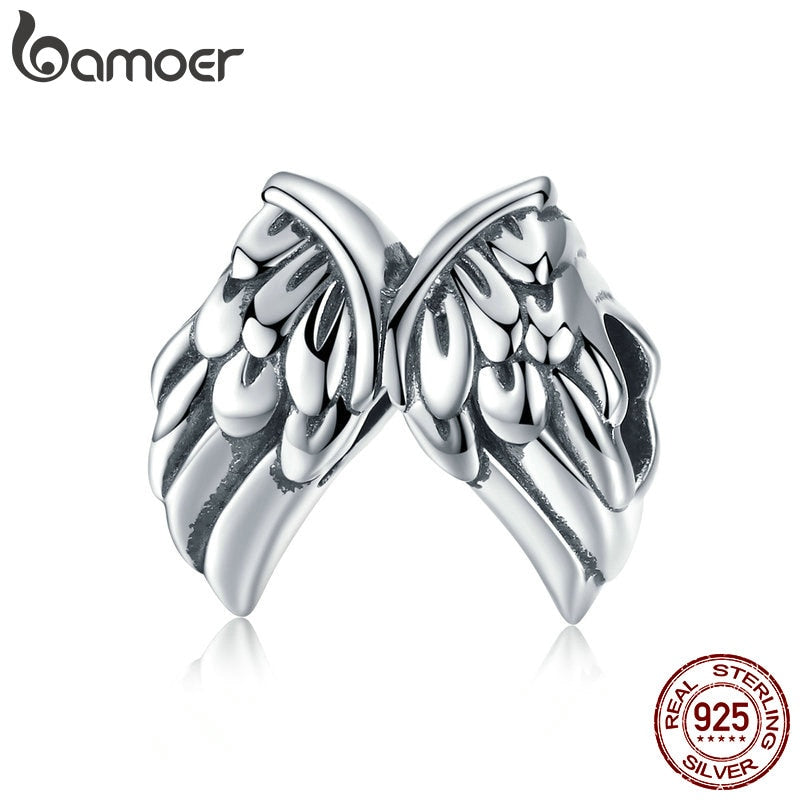 BAMOER Authentic 925 Sterling Silver Vintage Angel Wings Feathers Beads Charms fit Women Bracelets Bangles Jewelry SCC1091