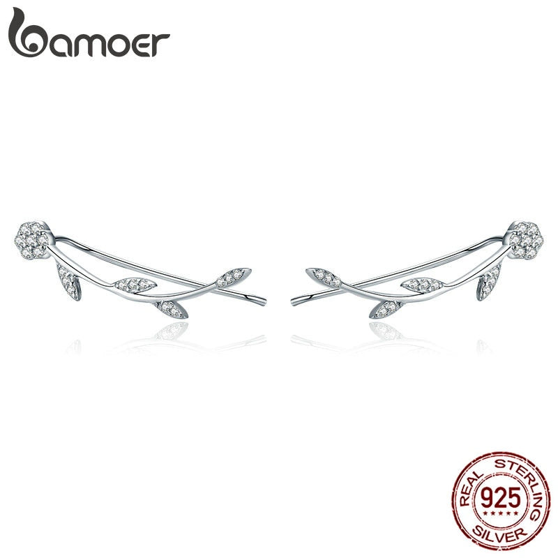 BAMOER Authentic 925 Sterling Silver Clear CZ Flower Tree Leaves Drop Earrings for Women Fine Silver Earrings Jewelry SCE266