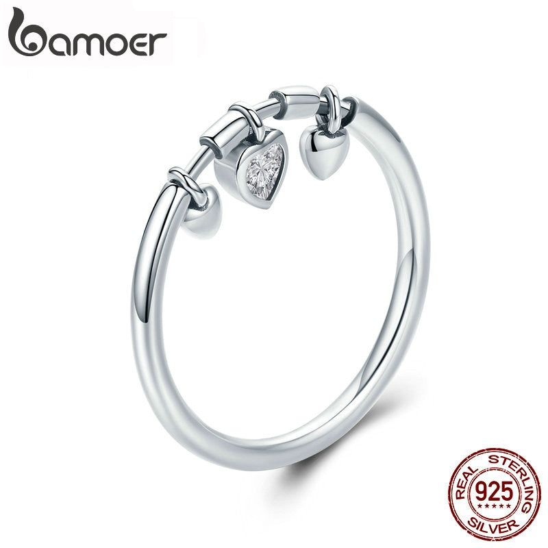 BAMOER 925 Sterling Silver Glittering Heart Clear CZ Anel Female Ring Women Wedding Engagement Jewelry SCR215