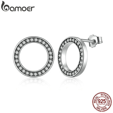 BAMOER Forever Clear CZ 925 Sterling Silver Circle Round Stud Earrings with CZ Jewelry GIFT Oorbellen Bijoux PAS437