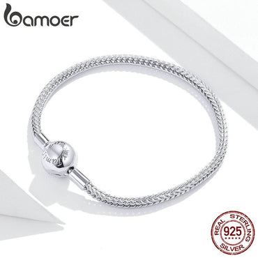 bamoer Authentic 925 Sterling Silver Snake Charm Bracelet with Simple Basic Bracelet Safety Chain DIY Bracelets SCB201